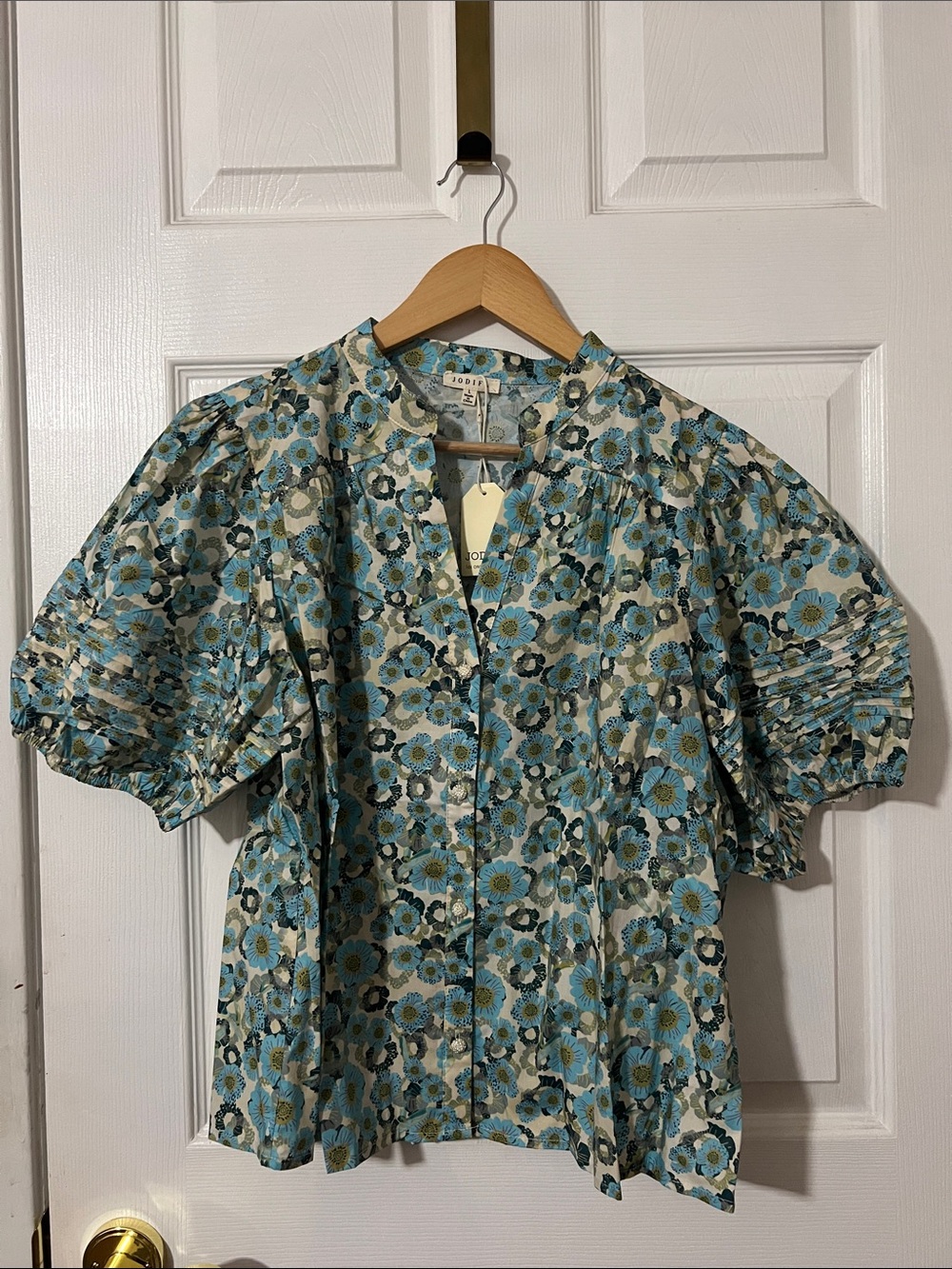 NWT Floral Jodifl Blouse Top Shirt Large Short Sleeve Blue Green